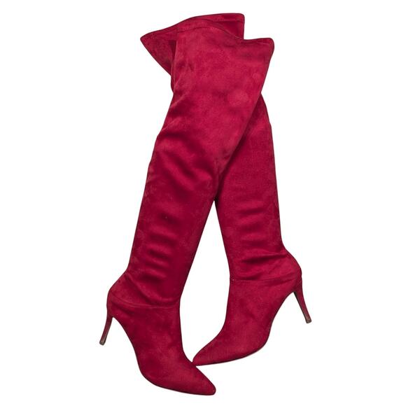 ROUGE HELIUM! RUBY RED FAUX SUEDE MICROFIBER OVER THE KNEE STILETTO BOOTS! SZ 10 - Picture 1 of 12